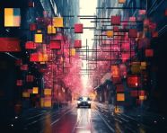 A digital painting on the street with colorful blocks, glitch style art