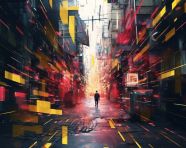 Digital painting of a city street, glitch style art