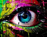 Computer digital art abstract digital print of a colorful eye, glitch style art