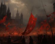 A painting with red flags flying over the city, revolutionary style art