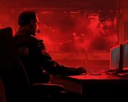 The officer at the desk sitting in front of a monitor, propaganda style art