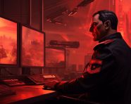 Officer working at computer, propaganda style art