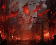 Red flags fluttering in the wind, revolutionary style art