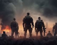 A group of soldiers standing on the ground on an angry sky, revolutionary style art