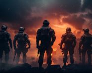 Soldiers on the ground angry sky, revolutionary style art