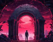 Lone figure in the night, propaganda style art