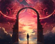 A person standing in an entrance to a dark passage, propaganda style art