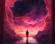 Person stands at dark passage entrance, propaganda style art