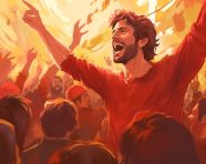 An illustration showing people protesting against , propaganda style art