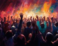 People raising their hands in a colorful crowd, revolutionary style art