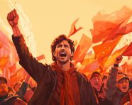 People protesting against climate change, propaganda style art