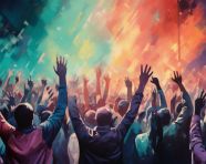 Crowd with hands in the air in the bright colors of the night, revolutionary style art