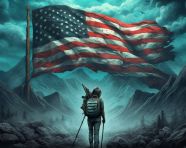 Woman walking in the mountains with america, propaganda style art