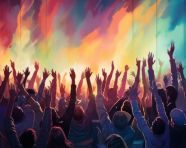 Fans rocking out at the concert, revolutionary style art