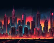 An image of a neon skyline on a background, synthwave style art