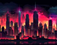 Skyscrapers in the night, synthwave style art