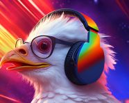 A goose wearing headphones with eyeglasses, synthwave style art