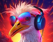 Goose in headphones and glasses, synthwave style art