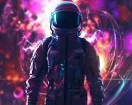 Space man standing in an abstract galaxy background, synthwave style art