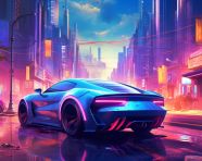 A blue car and city in an digital picture, synthwave style art