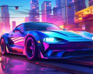 Blue sedan in urban landscape, synthwave style art