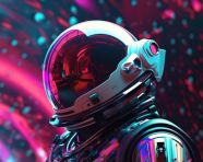 A spaceman wearing a helmet stands against a colorful background, synthwave style art