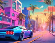 A blue car is driving down a street with palm trees, synthwave style art