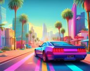 Blue convertible driving through palm trees, synthwave style art