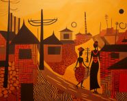 A benin art painting of a woman going around in an african town