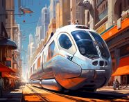 A retrofuturism painting of futuristic train on a city street