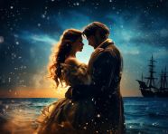 A romantic couple at night under moon light on sea