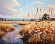 A painting of an open space with grass in the background