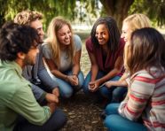 A group of friends sitting in a circle holding hands and talking, mental health