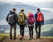 Friends hike through the mountains, mental health