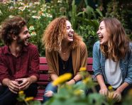 Friends chatting on park bench, mental health
