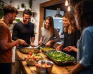 A group of friends cooking dinner together in the kitchen, mental health