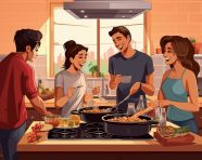 Friends having fun cooking dinner, mental health