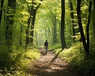 Hiker trekking through dense woods, mental health
