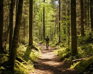Man taking a stroll in tranquil forest, mental health