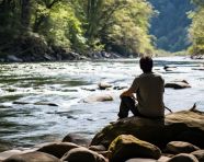 A person sitting on a rock by a river enjoying the sound of the water, mental health