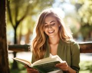 A young woman sits on a bench in a park reading a self-help book, mental health