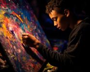 A close-up portrait of a person painting in a dark room, mental health