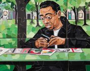 A candid shot of a person painting on a park bench, mental health