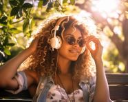 A young woman sits on a park bench listening to music on her headphones, mental health