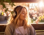 Woman relaxes in park with headphones, mental health