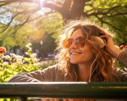 Park bench reflection of young woman, mental health