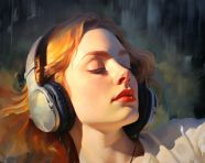 A close-up of a womans face as she listens to music, mental health