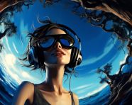 Woman enjoying music in fisheye lens, mental health