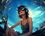 Woman in fisheye listening to headphones, mental health