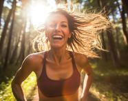 A woman running through a forest her face filled, mental health